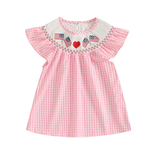 Lioraitiin Toddler Girls Summer Dress Independence Day American Flag Heart Plaid Short Sleeve A-Line Patriotic Casual Dress - Image 7