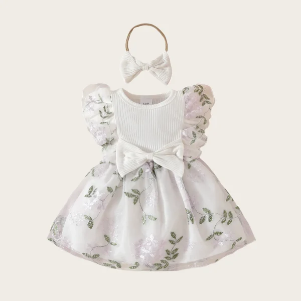 0 - 2 Y Infant Kids Adorable Baby Girls' Knitted Mesh Dress Ruffled Edges and Bowknot with Embroidered Flowers - Cute and Comfy - Image 8