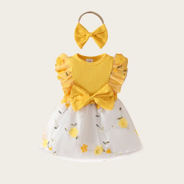 0 - 2 Y Infant Kids Adorable Baby Girls' Knitted Mesh Dress Ruffled Edges and Bowknot with Embroidered Flowers - Cute and Comfy - Image 6