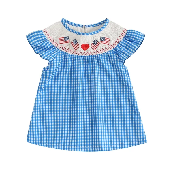 Lioraitiin Toddler Girls Summer Dress Independence Day American Flag Heart Plaid Short Sleeve A-Line Patriotic Casual Dress - Image 9