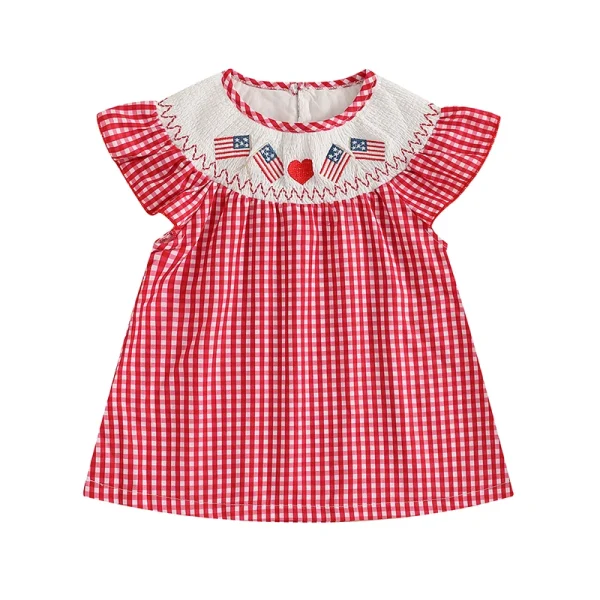 Lioraitiin Toddler Girls Summer Dress Independence Day American Flag Heart Plaid Short Sleeve A-Line Patriotic Casual Dress - Image 8