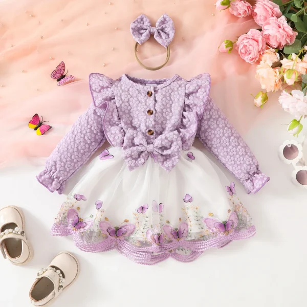 0 - 3 Y Kids Clothes Girl Adorable Baby Girls 3D Butterfly Long Sleeve Ruffled Mesh Patchwork Dress Cute and Charming - Image 9