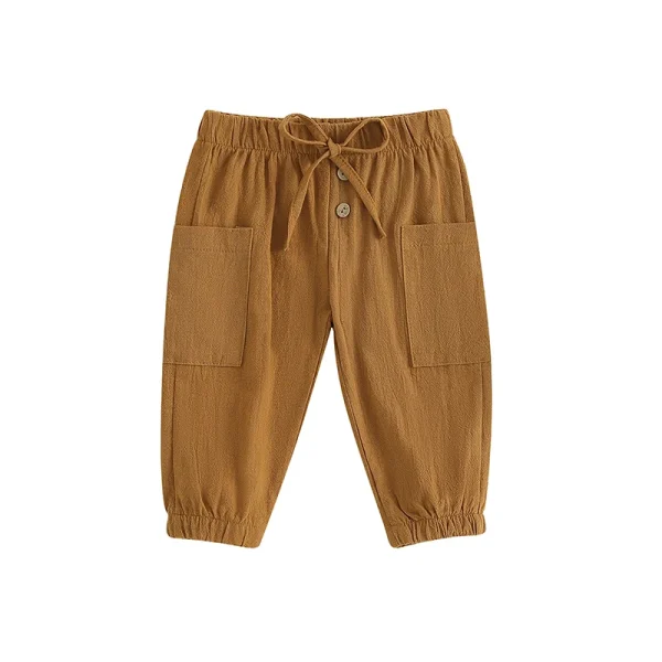 Cotton Linen Casual Baby Pants Toddler Boys Girls Casual Bottom Summer Autumn Solid Drawstring Button Children Pockets Trousers - Image 8