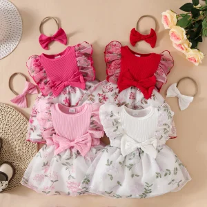 0 - 2 Y Infant Kids Adorable Baby Girls' Knitted Mesh Dress Ruffled Edges and Bowknot with Embroidered Flowers - Cute and Comfy