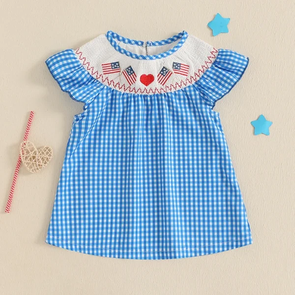 Lioraitiin Toddler Girls Summer Dress Independence Day American Flag Heart Plaid Short Sleeve A-Line Patriotic Casual Dress - Image 2