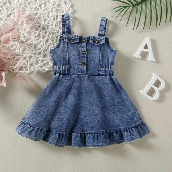 Lioraitiin Baby Girl Off Shoulder Ruffle Denim Dress with Sleeveless Button Down - Cute Summer Outfit for Toddlers