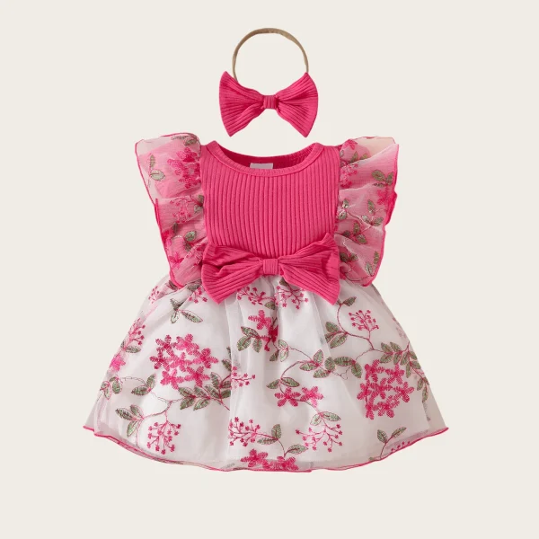 0 - 2 Y Infant Kids Adorable Baby Girls' Knitted Mesh Dress Ruffled Edges and Bowknot with Embroidered Flowers - Cute and Comfy - Image 7
