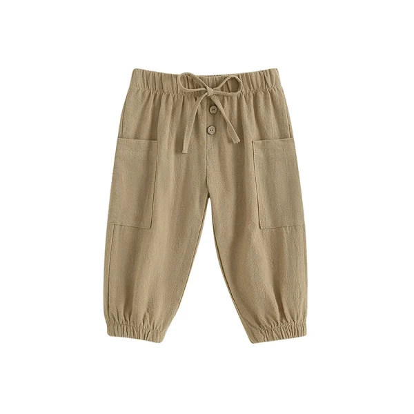Cotton Linen Casual Baby Pants Toddler Boys Girls Casual Bottom Summer Autumn Solid Drawstring Button Children Pockets Trousers - Image 9