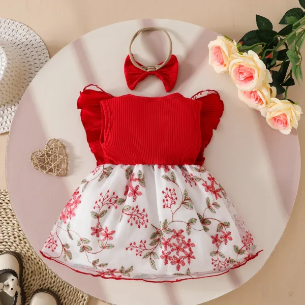 0 - 2 Y Infant Kids Adorable Baby Girls' Knitted Mesh Dress Ruffled Edges and Bowknot with Embroidered Flowers - Cute and Comfy - Image 2