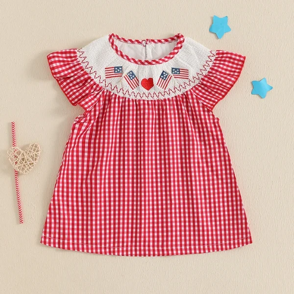 Lioraitiin Toddler Girls Summer Dress Independence Day American Flag Heart Plaid Short Sleeve A-Line Patriotic Casual Dress - Image 3