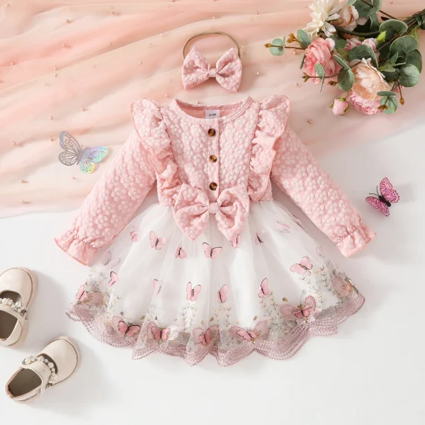 0 - 3 Y Kids Clothes Girl Adorable Baby Girls 3D Butterfly Long Sleeve Ruffled Mesh Patchwork Dress Cute and Charming - Image 3
