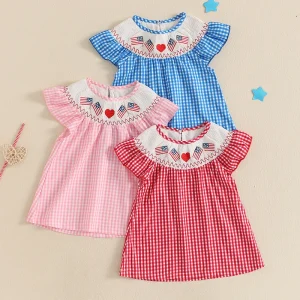 Lioraitiin Toddler Girls Summer Dress Independence Day American Flag Heart Plaid Short Sleeve A-Line Patriotic Casual Dress