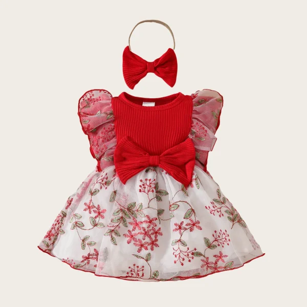 0 - 2 Y Infant Kids Adorable Baby Girls' Knitted Mesh Dress Ruffled Edges and Bowknot with Embroidered Flowers - Cute and Comfy - Image 9