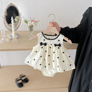 0 - 2 Y Infant Adorable Baby Girls Stylish and Cute Sleeveless Bowknot Decorated Round Collar Polka Dot Romper Dress Perfect