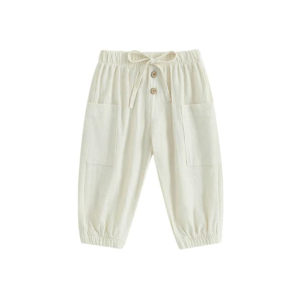 Cotton Linen Casual Baby Pants Toddler Boys Girls Casual Bottom Summer Autumn Solid Drawstring Button Children Pockets Trousers - Image 7