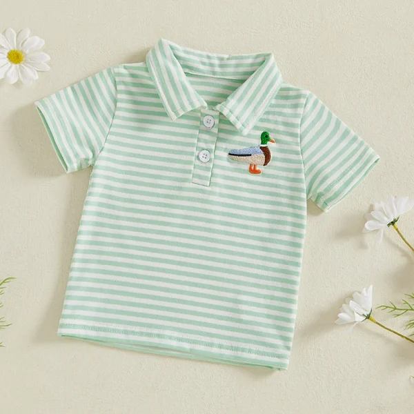 Infant Summer Tee Shirt with Cute Animal Embroidery and Stylish Striped Print Short Sleeve Casual Top for Toddler - Image 5