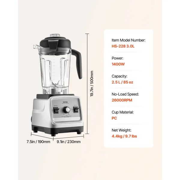 VEVOR Blender for Smoothies 1400W Professional Blender with Powerful Motor Multi-Functional Food Processing Blender for Kitchen - Image 7