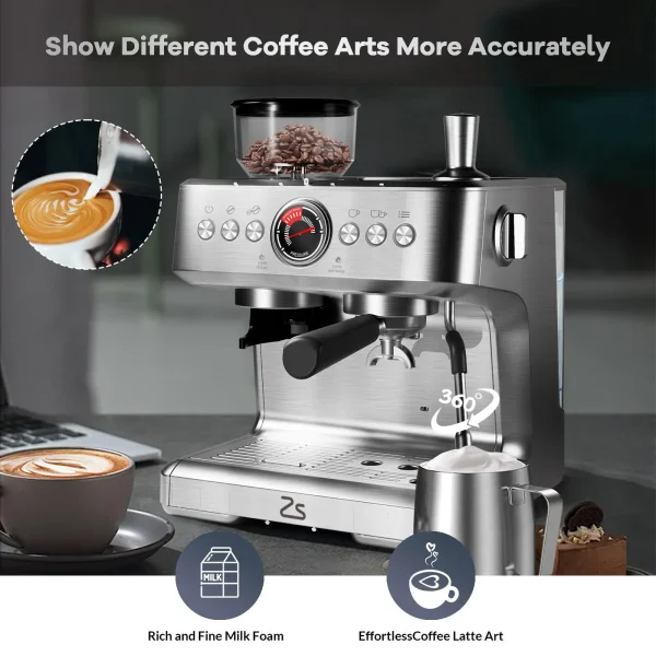 Espresso Coffee Maker With Grinder, 20 Bar Stainless Steel Professional Espresso Coffee Maker With Milk Frother, 2.8L Water Tank - Image 5