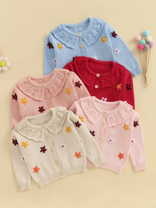 Infant Girl s Floral Embroidered Cardigan Sweater with Button Closure and Long Sleeves - Knit Top for Toddlers - Image 3