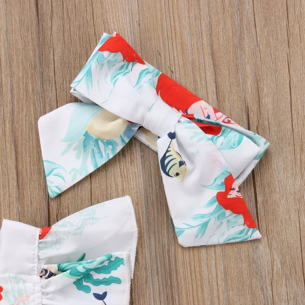 Newborn Baby Girls Summer Romper with Headband Mermaid Printed Ruffle Sleeve Backless Jumpsuit Outfit Fashion Baby Clothing - Image 2