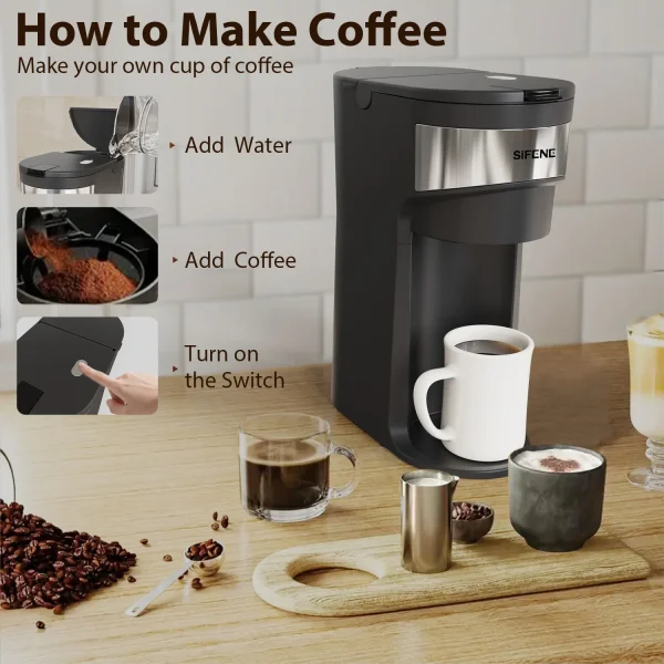 SIFENE Mini Coffee Maker Single Serve Instant Coffee Brewer, One Cup for K Pod & Ground Coffee, Capsule Coffee Machine, Black - Image 3