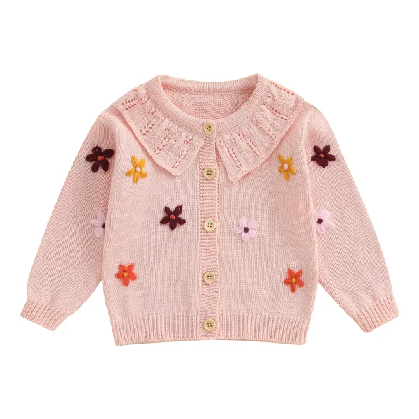 Infant Girl s Floral Embroidered Cardigan Sweater with Button Closure and Long Sleeves - Knit Top for Toddlers - Image 8
