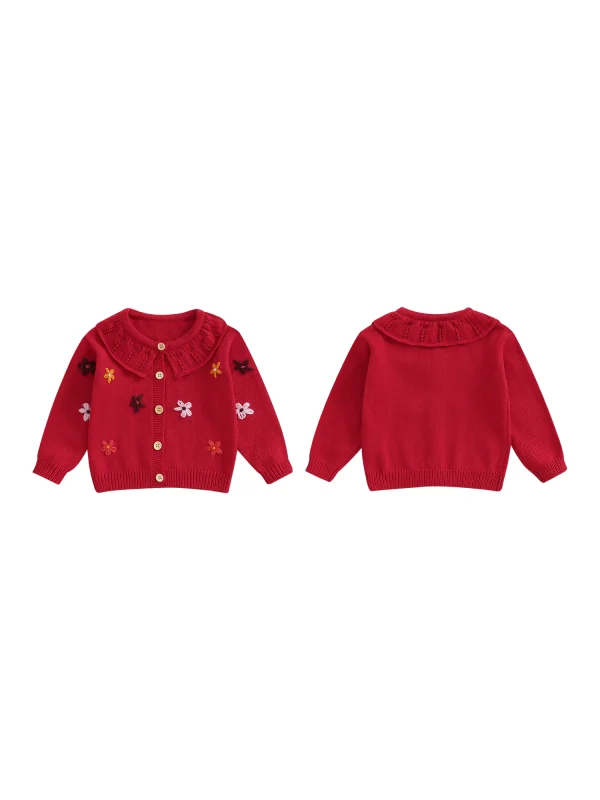 Infant Girl s Floral Embroidered Cardigan Sweater with Button Closure and Long Sleeves - Knit Top for Toddlers - Image 2
