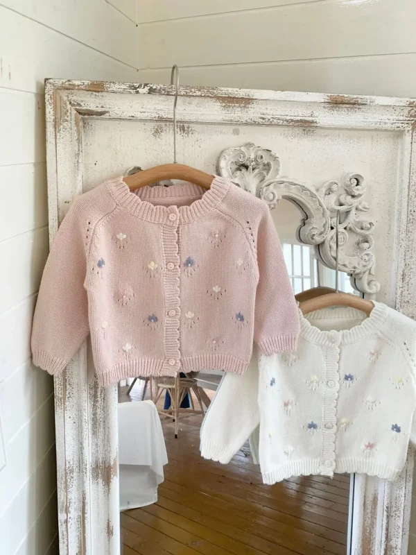 Toddler Girl 0-4Y Baby Tops Cotton Knit Cardigan Handmade Floral Embroidery Soft Skin Friendly Yarn Drop Shoulder Short Sweater - Image 2