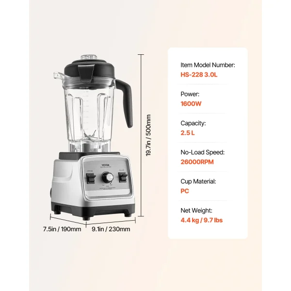 VEVOR Blender for Smoothies 1400W Professional Blender with Powerful Motor Multi-Functional Food Processing Blender for Kitchen - Image 8