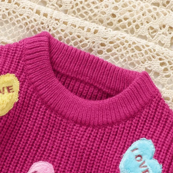 Valentine s Day Toddler Sweaters Heart Patterned Long Sleeve Round Neck Ribbed Knit Pullover Tops with Embroidered Letters - Image 2
