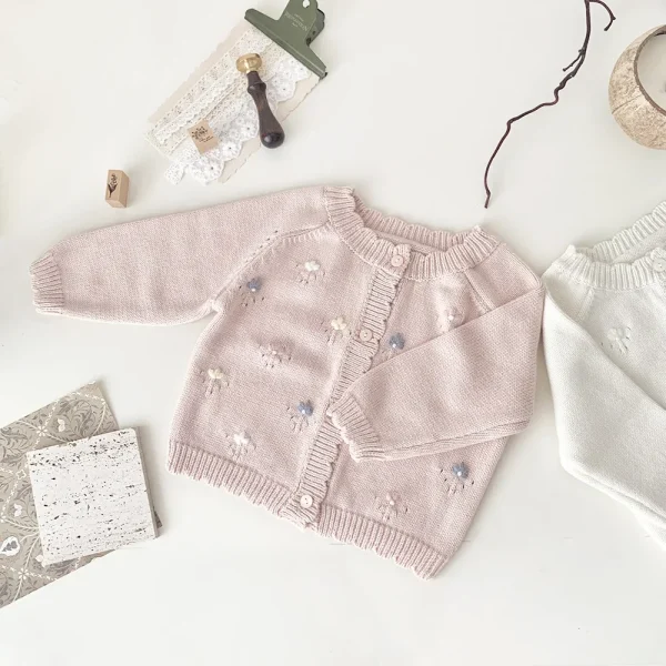 Toddler Girl 0-4Y Baby Tops Cotton Knit Cardigan Handmade Floral Embroidery Soft Skin Friendly Yarn Drop Shoulder Short Sweater - Image 5