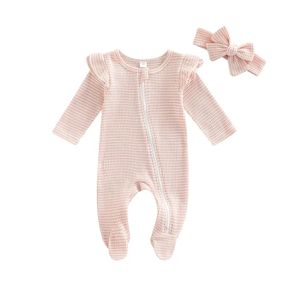 0-9M Newborn Baby Girl Clothes Ruffle Baby Sleeper Zipper Footie Knit Romper Playsuit Jumpsuit with Headband Outfit 2 Piece - Image 7
