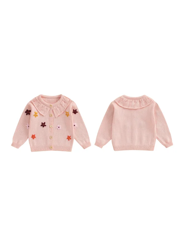 Infant Girl s Floral Embroidered Cardigan Sweater with Button Closure and Long Sleeves - Knit Top for Toddlers - Image 4