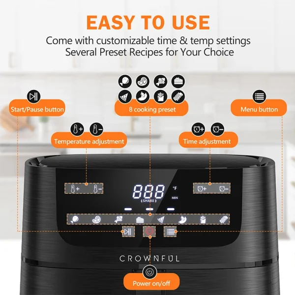CROWNFUL Air Fryer 7L Touch-screen Display Air Fryer Oven with 8 Cooking Programs Oilless Electric Cooker and Nonstick Basket - Image 3