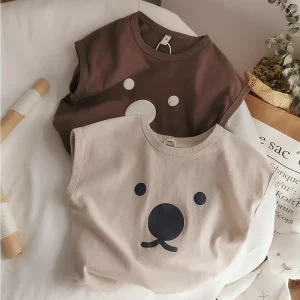 Organic Cotton Cartoon Bear Sleeveless T-Shirt Summer Shirt Tops for Infant Baby and Toddler Boys, Girls, Unisex