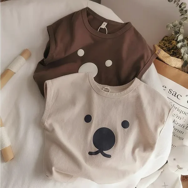 Organic Cotton Cartoon Bear Sleeveless T-Shirt Summer Shirt Tops for Infant Baby and Toddler Boys, Girls, Unisex