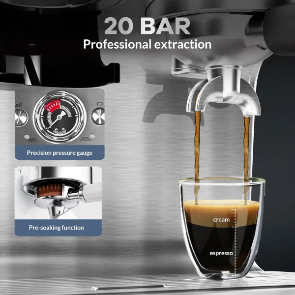 Espresso Coffee Maker With Grinder, 20 Bar Stainless Steel Professional Espresso Coffee Maker With Milk Frother, 2.8L Water Tank - Image 4