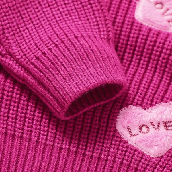 Valentine s Day Toddler Sweaters Heart Patterned Long Sleeve Round Neck Ribbed Knit Pullover Tops with Embroidered Letters - Image 3