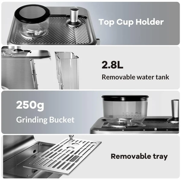 Espresso Coffee Maker With Grinder, 20 Bar Stainless Steel Professional Espresso Coffee Maker With Milk Frother, 2.8L Water Tank - Image 6