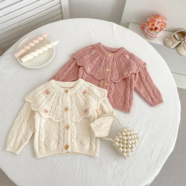 MILANCEL New Autumn Baby Knitted Cardigan 0-3T Hollow Out Doll Collar Knit Toddler Girls Sweater Sweet Flower Tops Clothes - Image 3