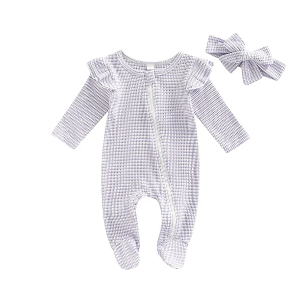0-9M Newborn Baby Girl Clothes Ruffle Baby Sleeper Zipper Footie Knit Romper Playsuit Jumpsuit with Headband Outfit 2 Piece - Image 8