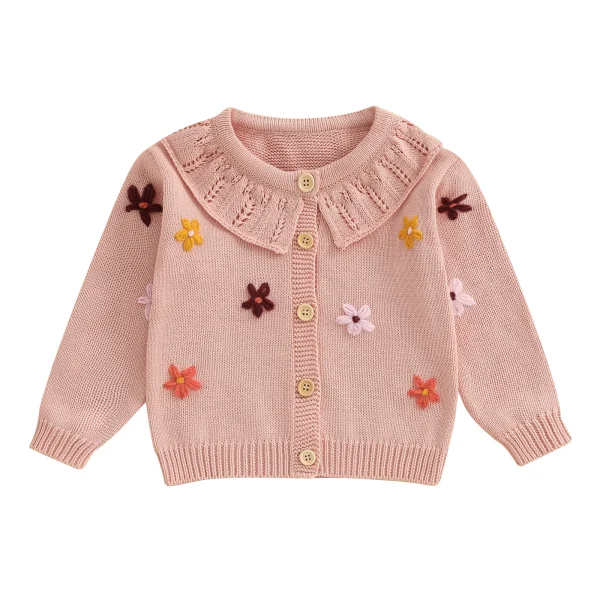 Infant Girl s Floral Embroidered Cardigan Sweater with Button Closure and Long Sleeves - Knit Top for Toddlers - Image 7