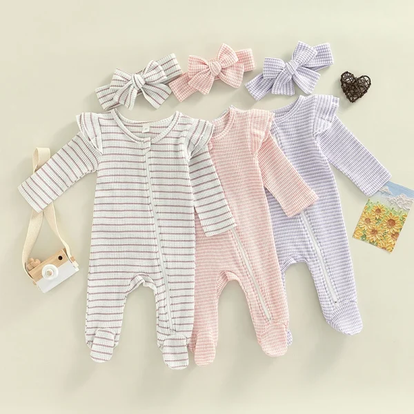 0-9M Newborn Baby Girl Clothes Ruffle Baby Sleeper Zipper Footie Knit Romper Playsuit Jumpsuit with Headband Outfit 2 Piece - Image 2