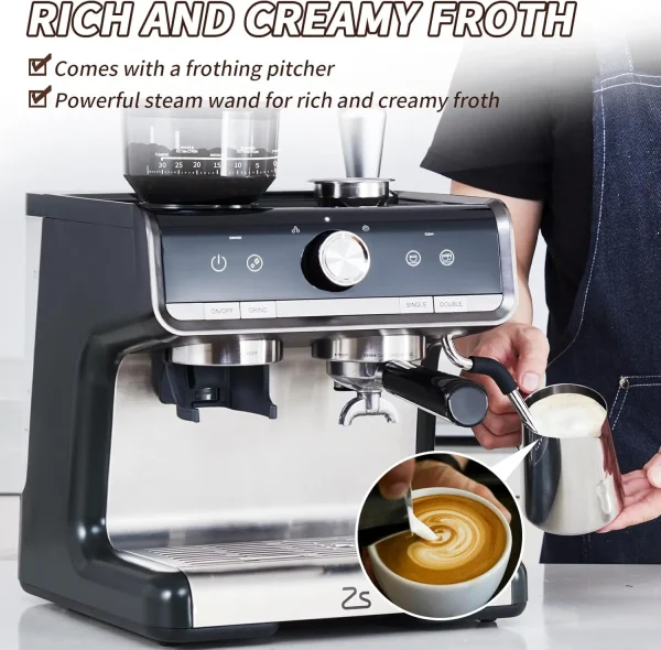 Espresso Machine with Grinder, Professional Espresso Maker with Milk Frother Steam Wand, 20 Bar Barista Cappuccino Machine,1450W - Image 4