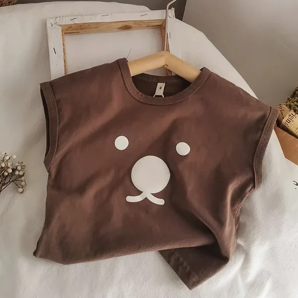 Organic Cotton Cartoon Bear Sleeveless T-Shirt Summer Shirt Tops for Infant Baby and Toddler Boys, Girls, Unisex - Image 6