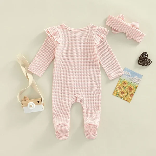 0-9M Newborn Baby Girl Clothes Ruffle Baby Sleeper Zipper Footie Knit Romper Playsuit Jumpsuit with Headband Outfit 2 Piece - Image 4