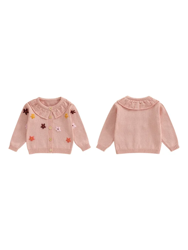 Infant Girl s Floral Embroidered Cardigan Sweater with Button Closure and Long Sleeves - Knit Top for Toddlers - Image 5