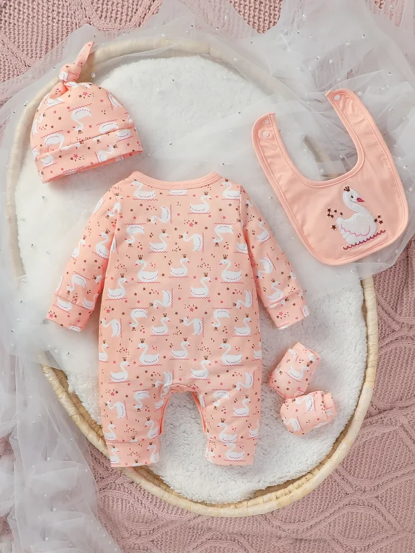 4Pcs 2024 Baby Clothes Cotton Newborn-6M   Jumpsuit Cartoon Swan Print Girls Outfit  Rompers Clothing+Hat+Bib+Gloves - Image 2