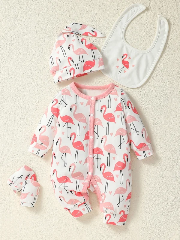 4Pcs 2024 Baby Clothes Cotton Newborn-6M   Jumpsuit Cartoon Swan Print Girls Outfit  Rompers Clothing+Hat+Bib+Gloves - Image 6