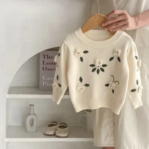 Ins 2025 Autumn Baby Girls Sweater Cotton Knitted Handmade Flower Infant Girls Sweater Embroidery Pullover Toddler Girls Tops